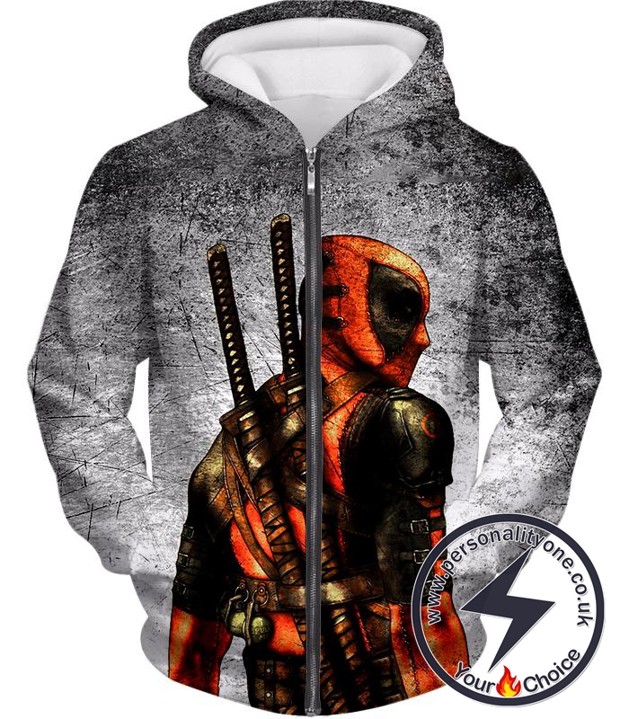 Amazing Deadpool Serious Mercenary Pose Black Textured Zip Up Hoodie